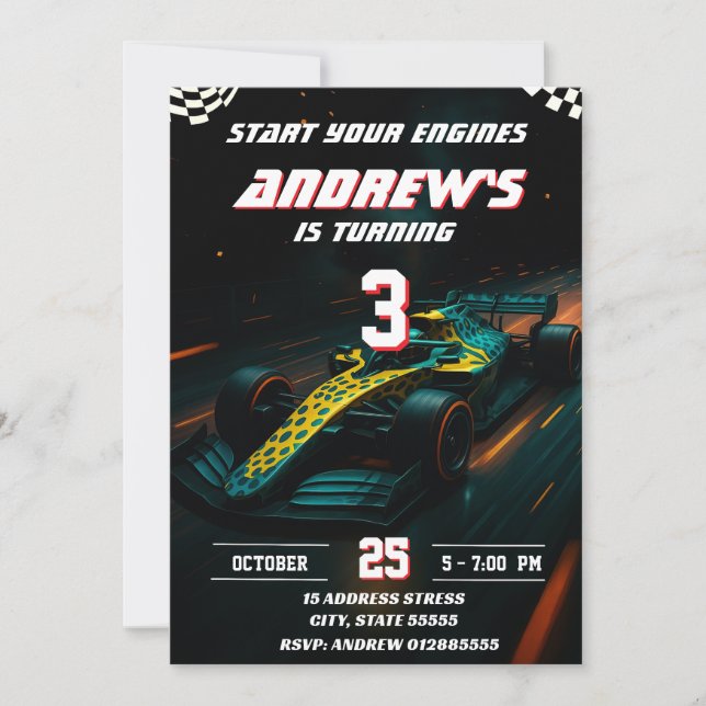Custom Modern Racing Car birthday party Invitation (Front)