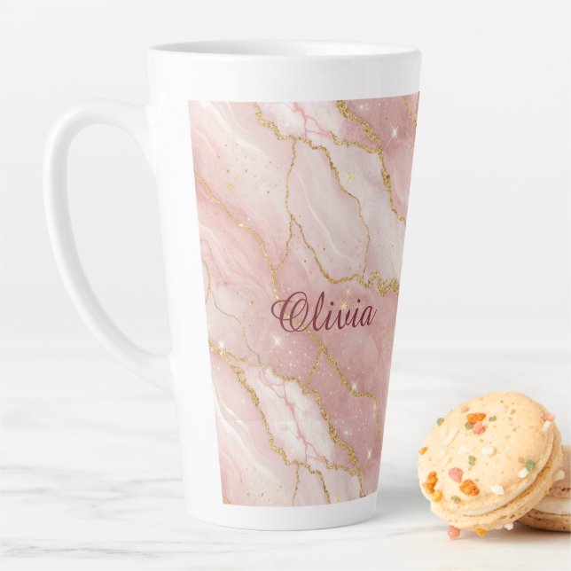 Custom Modern Rose Quartz Marble Gold Glitter Latte Mug (In Situ)