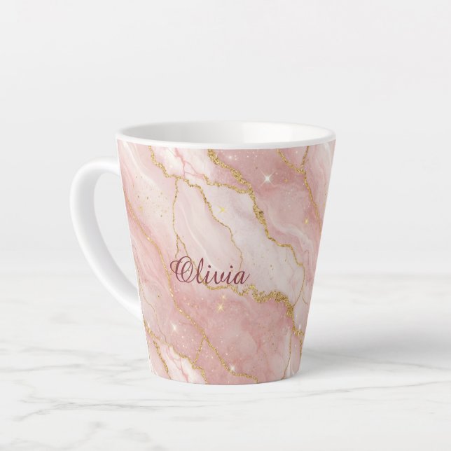 Custom Modern Rose Quartz Marble Gold Glitter Latte Mug (Left Angle)