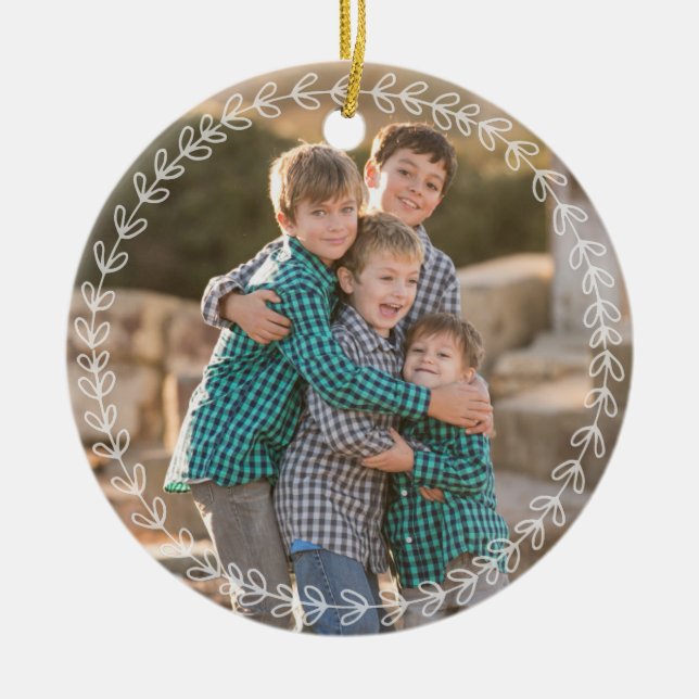 Custom Modern Rustic Wreath Photo Green Holiday Ceramic Tree Decoration (Front)