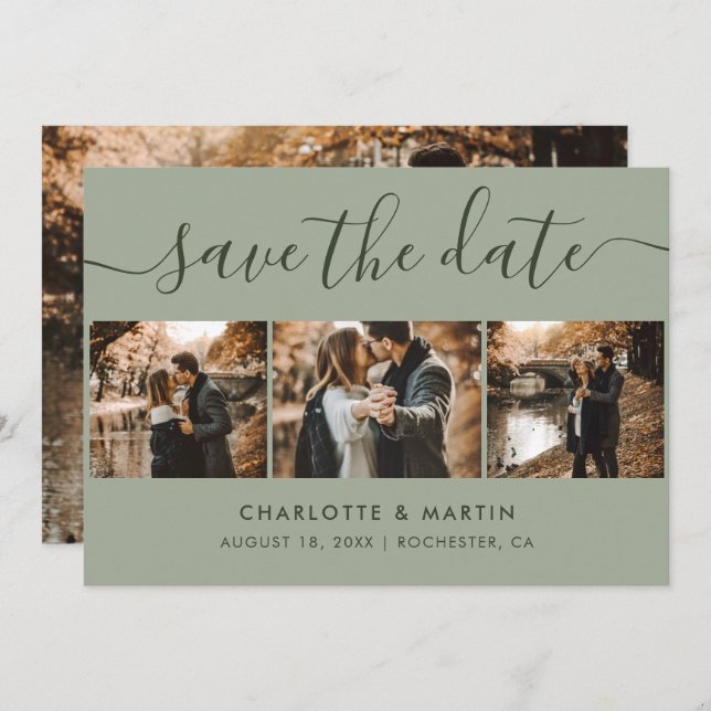 Custom Modern Sage Green Wedding 4 Photo Save The Date (Front/Back)