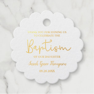 Custom Modern Script Name Baby Girl baptism Gold Favour Tags