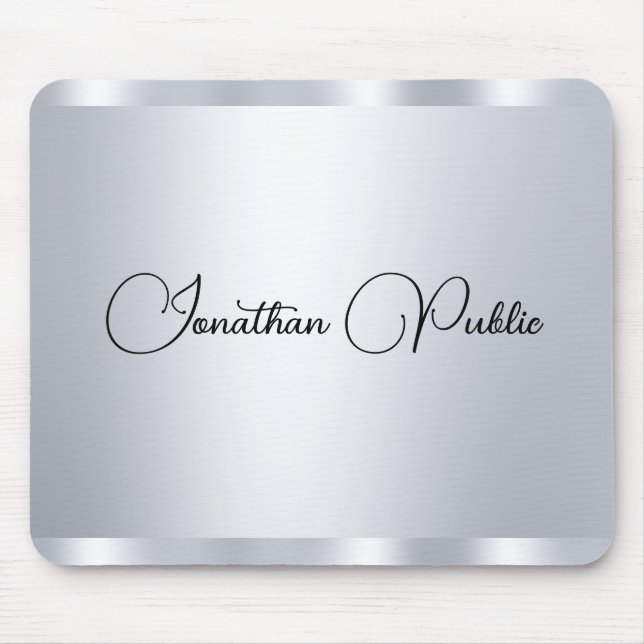 Custom Modern Silver Metallic Look Typography Name Mouse Mat (Front)