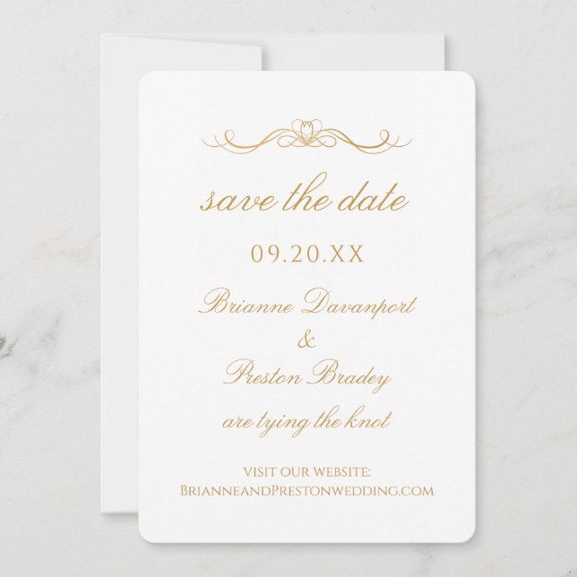 Custom Modern Simple Gold & White Script Wedding Save The Date (Front)