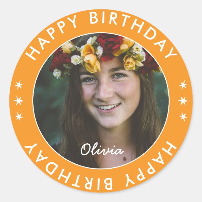 Custom Modern Simple Orange Happy Birthday Photo Classic Round Sticker (Front)