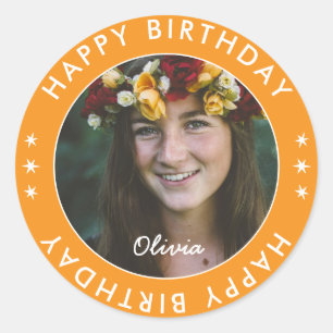 Custom Modern Simple Orange Happy Birthday Photo Classic Round Sticker