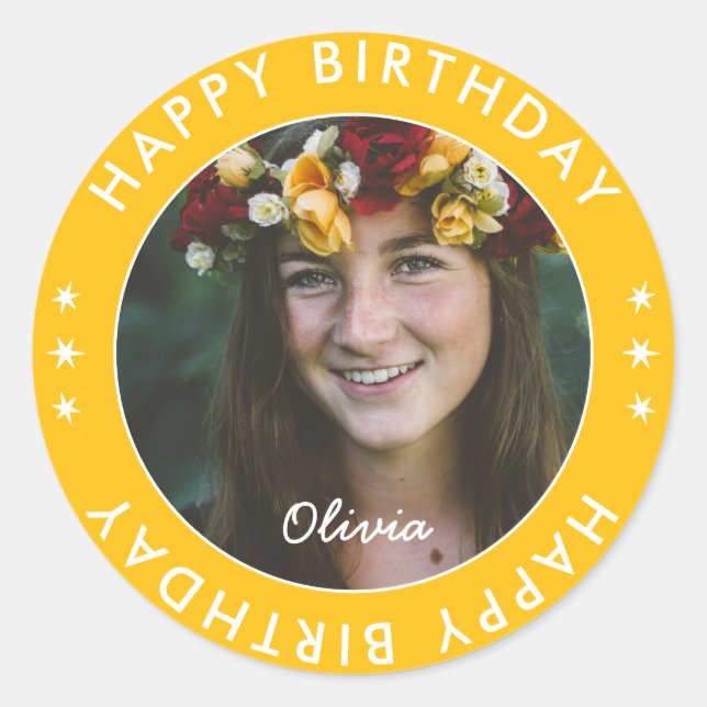 Custom Modern Simple Yellow Happy Birthday Photo Classic Round Sticker (Front)