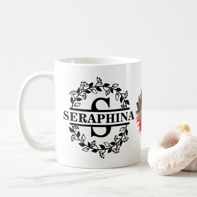 Custom Modern Sunflower Photo Floral S Monogram Coffee Mug (With Donut)