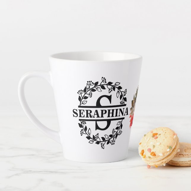 Custom Modern Sunflower Photo Floral S Monogram Latte Mug (In Situ)