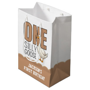 Custom Modern Taupe One Silly Goose First Birthday Medium Gift Bag