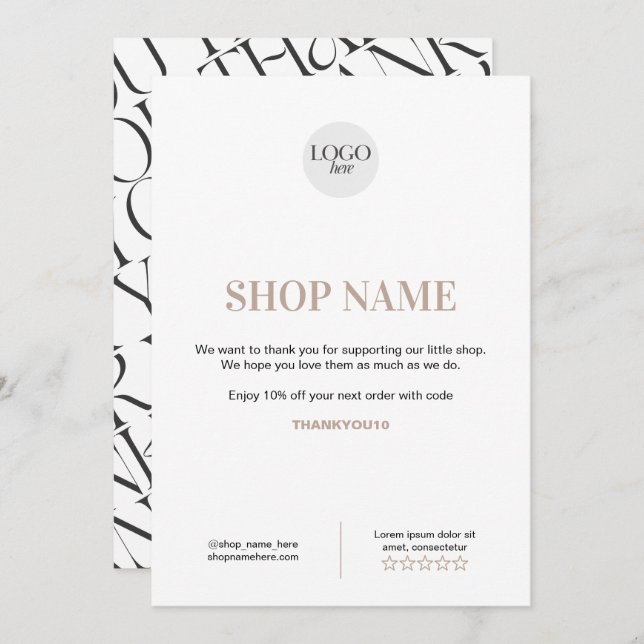 Custom Modern Thank You Card for Shop Owners (Front/Back)