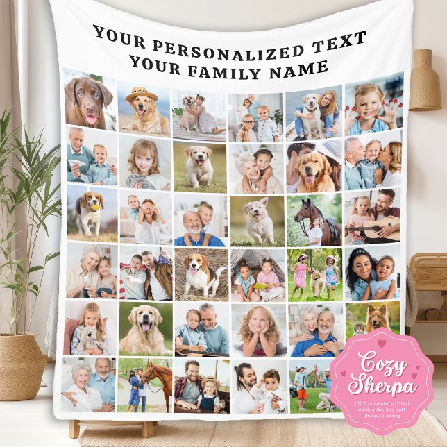 Custom Modern Trendy Family 36 Photo Collage Sherpa Blanket (Creator Uploaded)