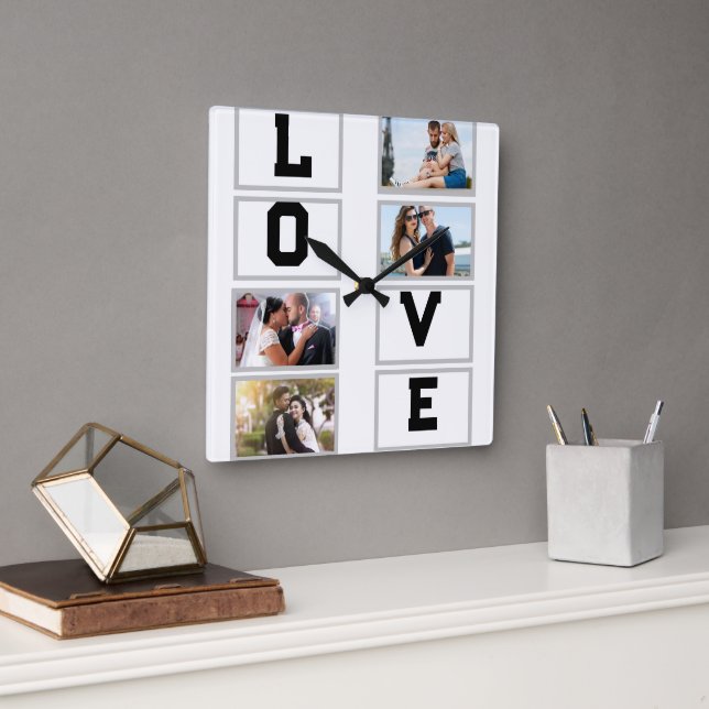 Custom Modern Valentine's Day 4 Photo Collage  Square Wall Clock (Office)