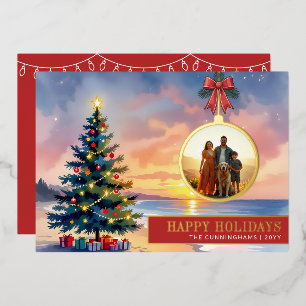 Custom Modern Watercolor Beach Christmas Ornament Foil Holiday Card