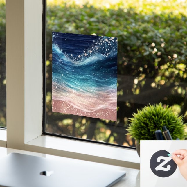Custom Modern Watercolor Blue Ocean Wave Funny  Window Cling (Office)