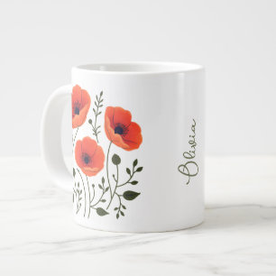 Custom Modern Watercolor Coral Poppies Large Coffee Mug