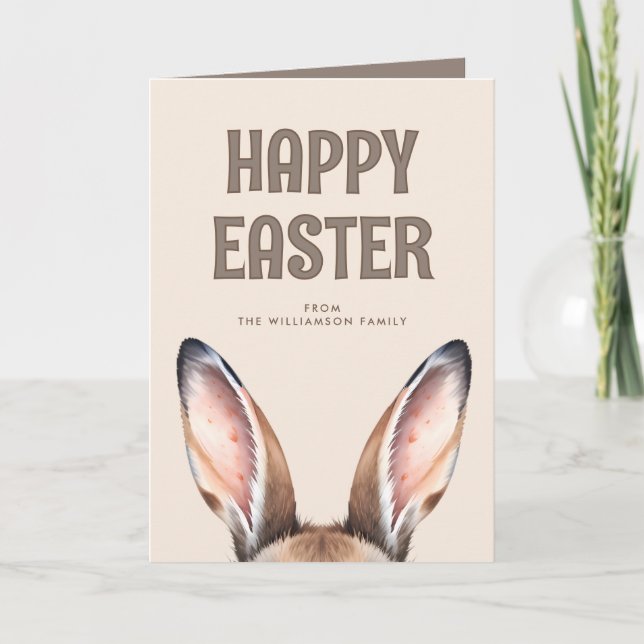 Custom Modern Watercolor Cute Easter Bunny Ears Card (Front)