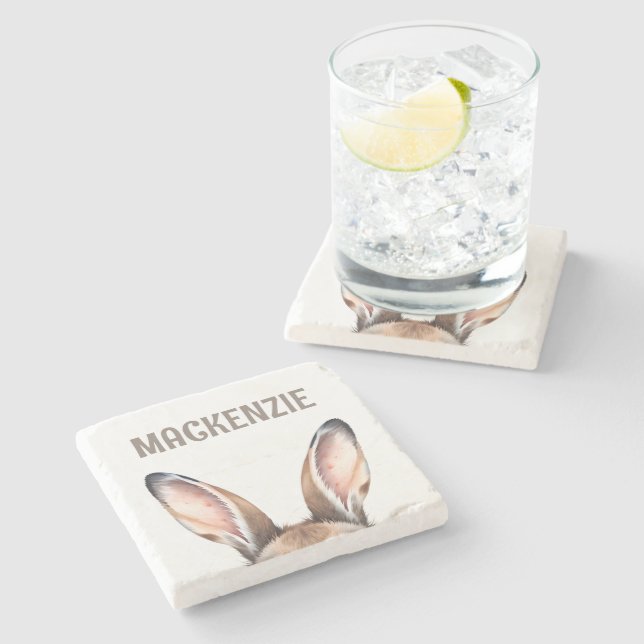 Custom Modern Watercolor Cute Easter Bunny Ears Stone Coaster (Side)