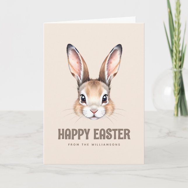 Custom Modern Watercolor Cute Easter Bunny Neutral Card (Front)