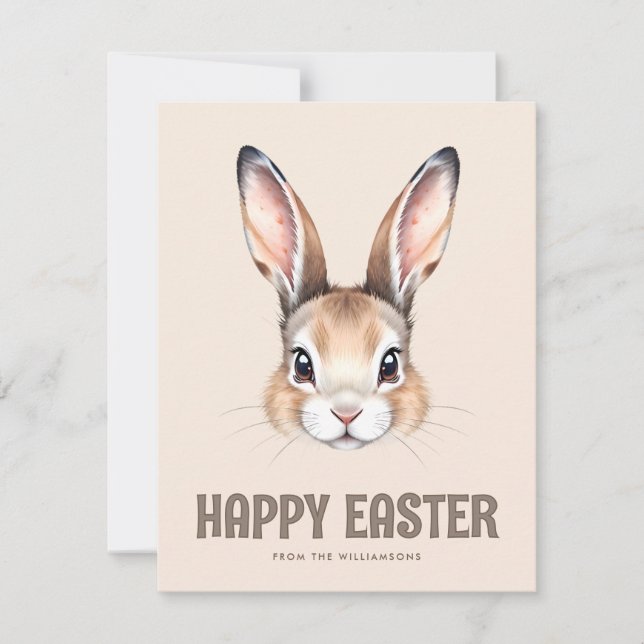 Custom Modern Watercolor Cute Easter Bunny Neutral Holiday Card (Front)