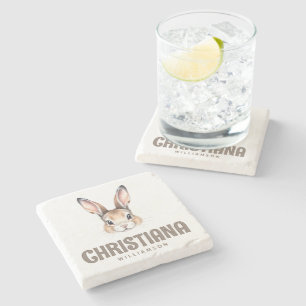 Custom Modern Watercolor Cute Easter Bunny Neutral Stone Coaster