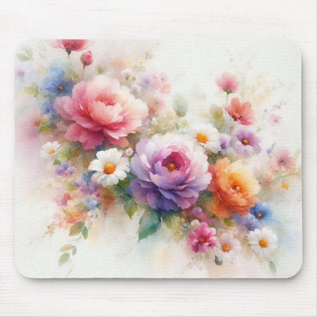 Custom Modern Watercolor Flowers Name Template Mouse Mat (Front)
