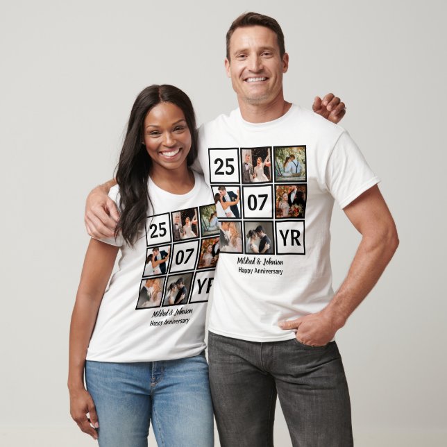 Custom Modern Wedding Anniversary 6 Photo Collage T-Shirt (Unisex)