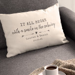 Custom Modern Where It All Began Valentine's Day<br><div class="desc">Celebrate your love with this chic and romantic throw pillow featuring the location and date you met in a charcoal vintage typewriter lettering and script design alongside sweet hand-drawn arrows. Choose your own colour and personalise this custom design with your own names and text. This would make the perfect gift...</div>