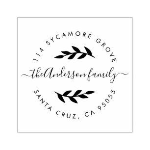Custom Modern Wreath Family Name Return Address Rubber Stamp
