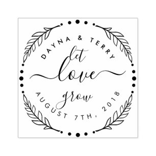 Custom Modern Wreath "Let Love Grow" Wedding Date Rubber Stamp