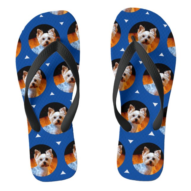 Custom Modern Your Pet Photo Pattern Blue Cute Flip Flops (Footbed)
