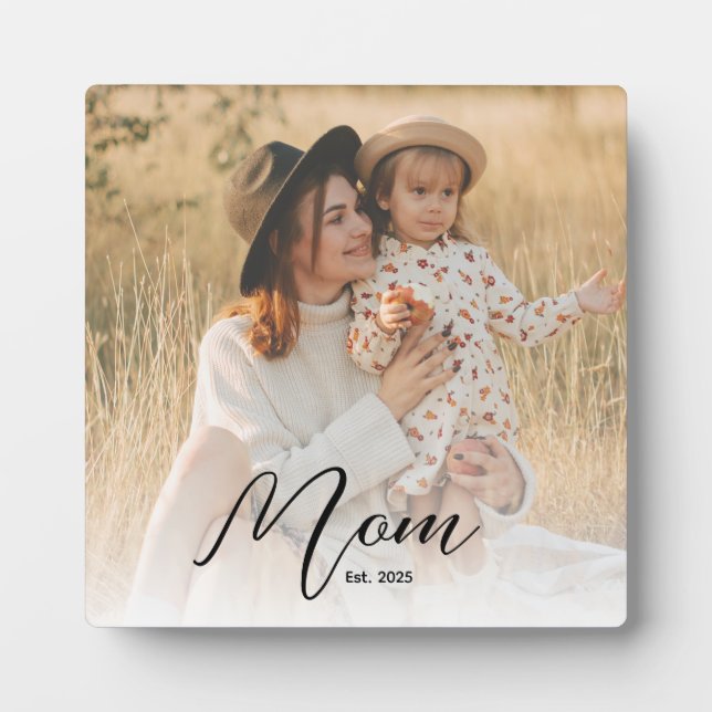 *Custom Mom Est. Modern Script White Overlay Photo Plaque (Front)