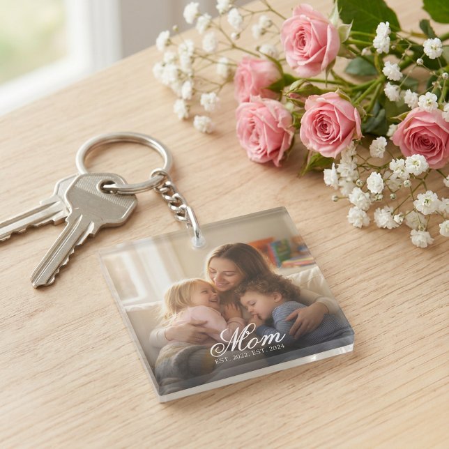 Custom Mom Photo Script Est Date Mother's Day Key Ring (Mom Established White Elegant Script Photo Keychain )