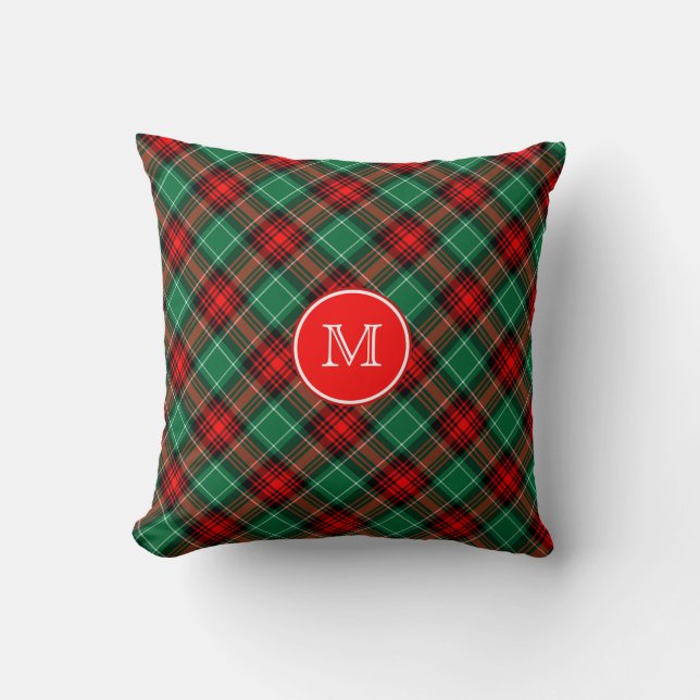 Custom Momogram Red and Green Holiday Plaid Cushion (Front)