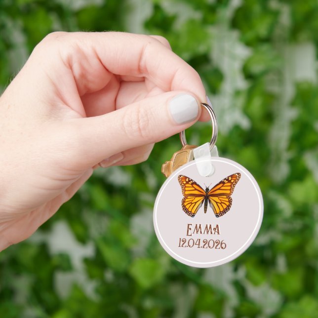 Custom Monarch Butterfly Name Date Art Key Ring (Hand)