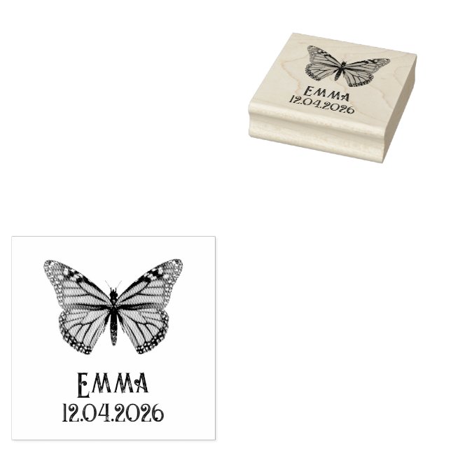 Custom Monarch Butterfly Name Date Art Rubber Stamp (Stamped)