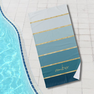 Custom Monochromatic Gradient Teal Gold Stripes Beach Towel