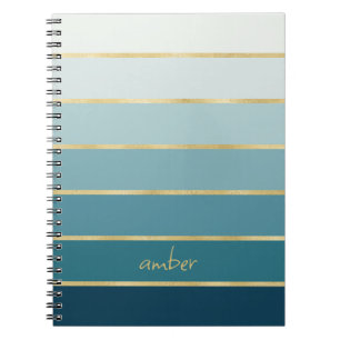 Custom Monochromatic Gradient Teal Gold Stripes Notebook
