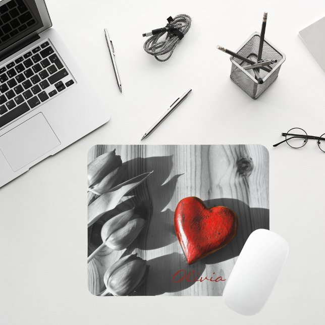 Custom Monochrome Tulips Red Heart Valentine's Day Mouse Mat (Creator Uploaded)
