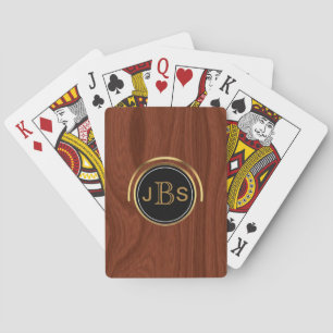 Custom Monogram 3 Letters   Woodgrain Gold Black Playing Cards