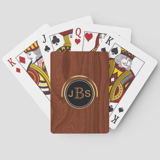 Custom Monogram 3 Letters | Woodgrain Gold Black Playing Cards (Back)