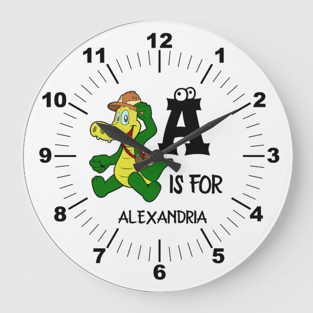 Custom monogram A is for Alligator funny reptile Large Clock (Front)