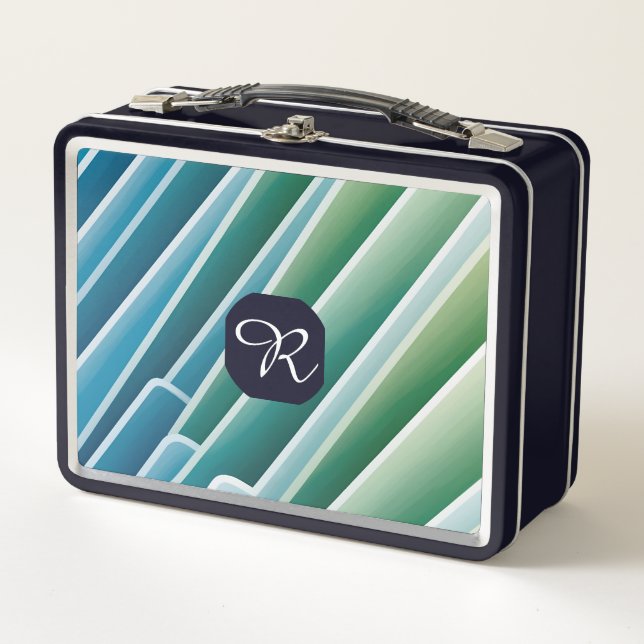 Custom Monogram Abstract Blue Green Metal Lunch Bo Box (Front)