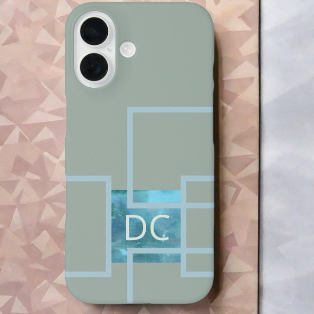 Custom monogram abstract geometric sage green teal iPhone 16 case (Creator Uploaded)