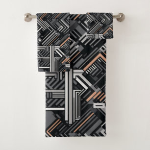 Custom Monogram Abstract Industrial Pattern Bath Towel Set