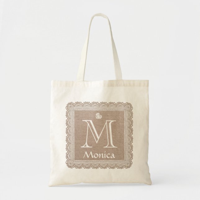 Custom Monogram and Name Burlap Lace V02E Tote Bag (Front)