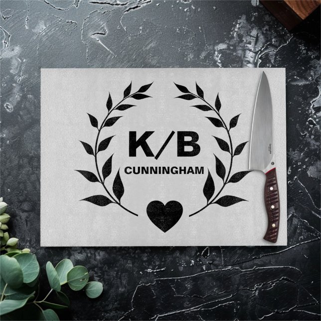 Custom Monogram and Surname Laurels and Heart Cutting Board (Creator Uploaded)
