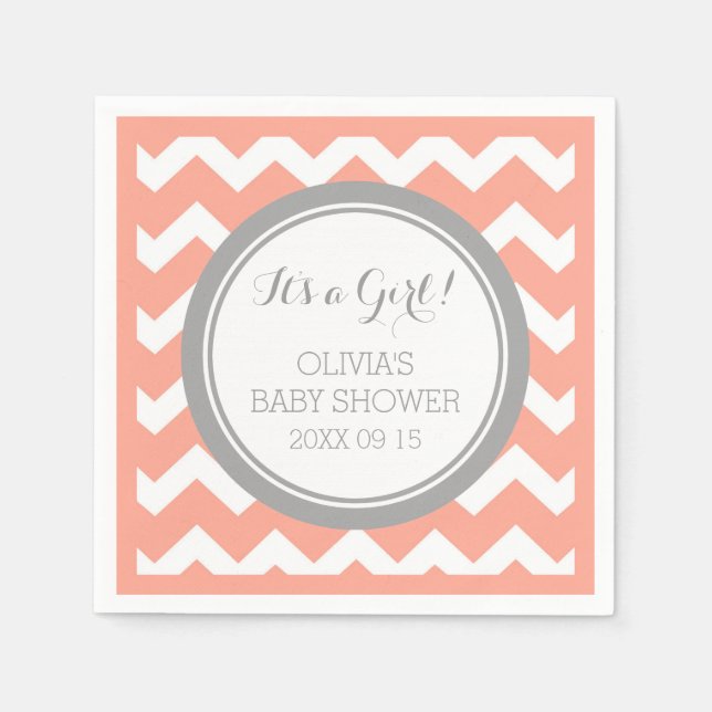 Custom Monogram Baby Shower Coral Grey Napkin (Front)