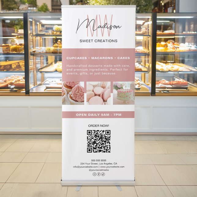 Custom Monogram Bakery Business Pink White Retractable Banner (Custom Monogram Bakery Business Pink White Retractable Banner)