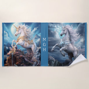 Custom Monogram Beautiful Unicorns Beach Towel